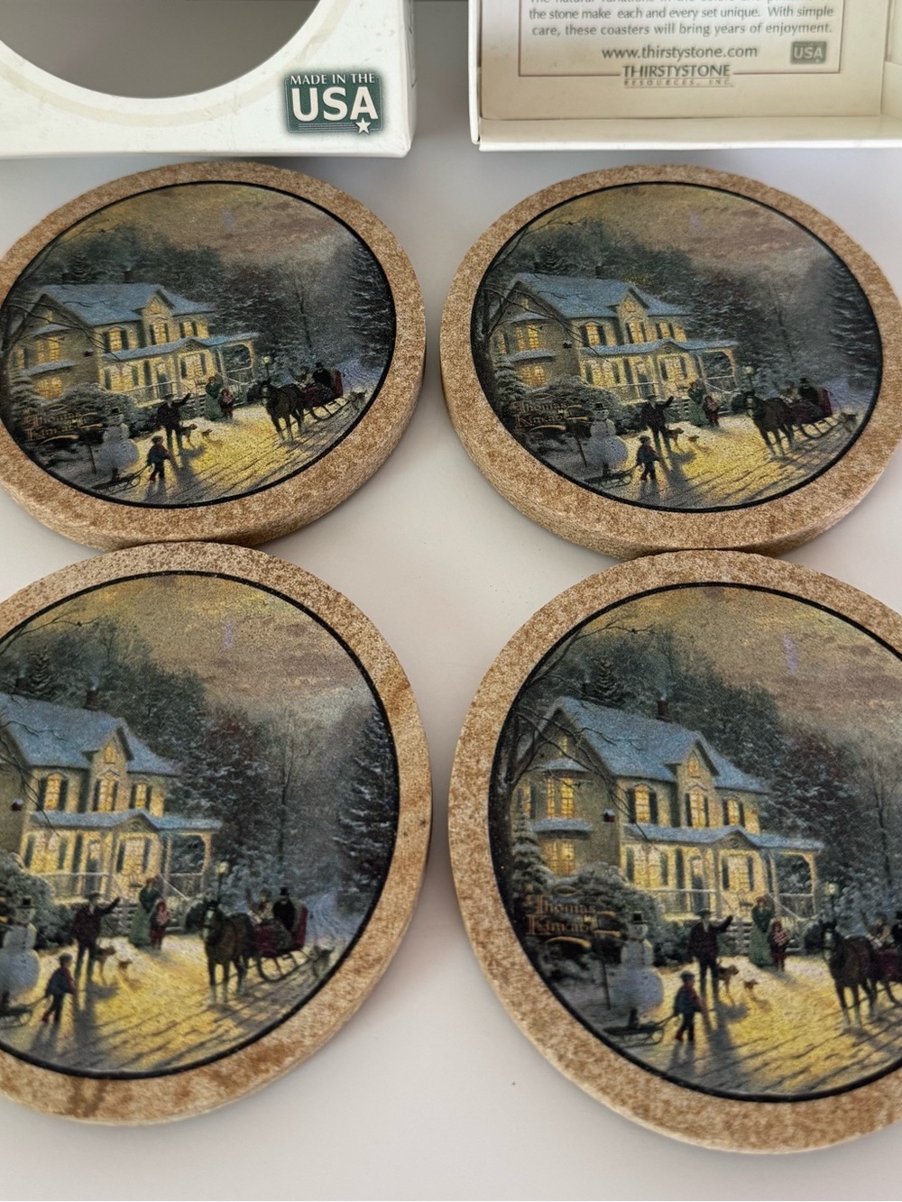 Set Of 4 Thomas Kinkade Thirstystone Coasters Sleigh Ride Home Sandstone & Cork - Picture 2 of 6